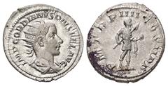 Roman Imperial Gordian III, AD 238-244. AR, Antoninianus. 4.07 g. 21.68 mm. Rome. Obv: IMP GORDIANVS PIVS FEL AVG. Bust of Gordian III, radiate, draped, cuirassed, right. Rev: P M TR P IIII COS II P P
