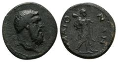 Roman Provincial Lydia, Maeonia. Pseudo-autonomous. AE. 4.60 g. 20.44 mm. Obv: Head of Heracles, bearded, right. Rev: ΜΑΙΟΝΩΝ. Nude Omphale advancing, right, wearing lion skin, carrying club over shou