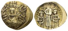 Byzantine Andronicus II Palaeologus and Michael IX, AD 1282-1328. AE, Hyperpyron. 3.97 g. 24.05 mm. Constantinople. Obv: Half-length figure of the Virgin Mary orans within city wall of four towers. Re