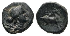Greek Lycia, Bubon. Ae, 1.43 g 11.43 mm. 2nd-1st century BC. Obv: Diademed and draped bust of Artemis to right, with bow and quiver over her shoulder. Rev: [BOY], Goat standing right. Ref: SNG von Aul