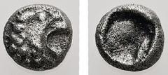 Greek Persia, Achaemenid Empire. AR, 1/12 Stater. 1.17 g. - 4.83 mm. Time of Kyros - Darios I, in the types of Kroisos. Sardes, circa 550-520 BC. Obv.: Head of roaring lion to right. Rev.: Irregular i