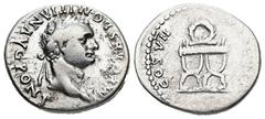 Roman Imperial Domitian, AD 81-96. AR, Denarius. 3.17 g. 19.20 mm. Rome. Obv: IMP CAES DOMITIAN AVG PONT. Head of Domitian, laureate, right. Rev: [P P] COS VII [DES VIII]. Wreath above curule chair. R
