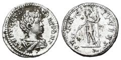Roman Imperial Geta as Caesar, AD 198-209. AR, Denarius. 2.87 g. 18.88 mm. Rome. Obv: P SEPT GETA CAES PONT. Bust of Geta, bare-headed, draped, cuirassed, right. Rev: PRINC IVVENT. Geta, in military a
