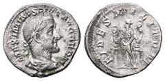 Roman Imperial Maximinus Thrax, AD 235-238. AR, Denarius. 2.83 g. 19.44 mm. Rome. Obv: MAXIMINVS PIVS AVG GERM. Bust of Maximinus I, laureate, draped, cuirassed, right. Rev: FIDES MILITVM. Fides, drap