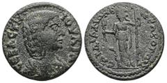 Roman Provincial Lydia, Sardis. Julia Domna, Augusta, AD 193–217. AE. 5.64 g. 22.12 mm. Obv: IOVΛΙA CЄBACTH. Draped bust of Domna, right. Rev: CAPΔIANΩN B NЄΩKOPΩN. Demeter or Kore standing left, hold