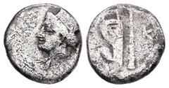 Greek Bithynia, Herakleia Pontike. AR Hemidrachm or Triobol, 1.52 g 13.19 mm. Circa 364-352 BC. Struck under Klearchos I. Obv: Draped bust of Hera left, wearing stephanos. Rev: Bow-in-quiver and club;
