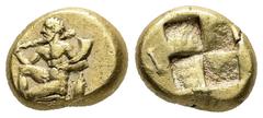 Greek Mysia, Kyzikos. EL Hekte, 2.67 g 11.61 mm. 450-400 BC. Obv: Herakles, naked, kneeling to left, holding a club over his right shoulder and holding a horn in his left, a tunny behind. Rev: Quadrip