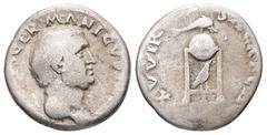 Roman Imperial Vitellius, AD 69. AR, Denarius. 2.91 g. 17.79 mm. Rome. Obv: A VITELLIVS GERMANICVS IMP. Head of Vitellius, laureate, right. Rev: XV VIR SACR FAC. Tripod lebes on which lies a dolphin, 
