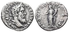 Roman Imperial Pertinax, AD 193. AR, Denarius. 2.85 g. 18.68 mm. Rome. Obv: IMP CAES P HELV PERTIN AVG. Head of Pertinax, laureate, right. Rev: AEQVIT AVG TR P COS II. Aequitas, draped, standing left,