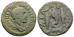 Roman Provincial Thrace, Anchialus. Maximinus I Thrax, AD 235-238. AE. 9.70 g. 25.60 mm. Obv: ΑΥΤ ΜΑΞΙΜΙΝΟϹ ΕΥϹΕΒ ΑΥΓ. Laureate head of Maximinus, right. Rev: ΑΓΧΙΑΛΕΩΝ. Dolphin coiled around trident,