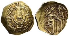 Byzantine Michael VIII Palaeologus, AD 1261-1282. AV, Hyperpyron. 3.77 g. 24.82 mm. Constantinople. Obv: Virgin orans within city walls connecting six groups of towers. Sigla; X, S. Rev: XMΛCXT (?)– O