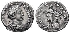 Roman Imperial Commodos as Caesar, AD 166-177. AR, Denarius. 3.08 g. 18.40 mm. Rome. Obv: COMMODO CAES AVG FIL GERM SARM. Bust of Commodus, bare-headed, draped, right. Rev: PRINC IVVENT. Commodus, sta