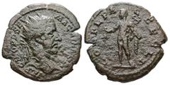Roman Provincial Thrace, Deultum. Macrinus, AD 217–218. AE. 6.80 g. 25.45 mm. Obv: IMP C M OPEL SEV MACRINVS PI. Radiate and cuirassed bust of Macrinus, right. Rev: COL FL PAC DEVLT. Nude Hermes stand