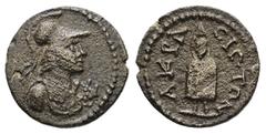Roman Provincial Lydia, Acrasus. Pseudo-autonomous. Time of Septimius Severus, AD 193-211. AE. 1.63 g. 13.64 mm. Obv: Helmeted head of Athena right, wearing aegis. Rev: AKΡACIΩTΩN. Telesphorus standin