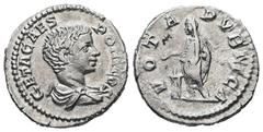 Roman Imperial Geta as Caesar, AD 198-209. AR, Denarius. 2.75 g. 18.62 mm. Obv: GETA CAES PONT COS. Bust of Geta, bare-headed, draped, right. Rev: VOTA PVBLICA. Geta, veiled, togate, standing left, sa