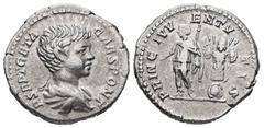 Roman Imperial Geta as Caesar, AD 198-209. AR, Denarius. 3.06 g. 18.89 mm. Rome. Obv: P SEPT GETA CAES PONT. Bust of Geta, bare-headed, draped, right. Rev: PRINC IVVENTVTIS. Geta, in military attire, 