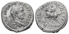 Roman Imperial Geta, AD 209-211. AR, Denarius. 2.54 g. 18.45 mm. Rome. Obv: IMP CAES P SEPT GETA PIVS AVG. Head of Geta, laureate, bearded, right. Rev: PONTIF TR P COS II. Geta, in military attire, on