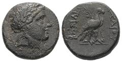 Greek Seleukid Kingdom. Achaios (USURPER, 220-214 BC). Ae, 5.45 g 18.36 mm. Sardes. Obv.: Laureate head of Apollo right. Rev.: BAΣIΛEΩΣ / AXAIOY. Eagle standing right, with palm frond over shoulder. R