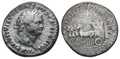 Roman Imperial Titus, AD 79-81. AR, Denarius. 2.49 g. 18.04 mm. Rome. Obv: IMP TITVS CAES VESPASIAN AVG P M. Head of Titus, laureate, right. Rev: TR P VIIII IMP XIIII COS VII P P. Quadriga left, with 
