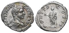 Roman Imperial Geta, AD 209-211. AR, Denarius. 4.05 g. 20.66 mm. Rome. Obv: P SEPTIMIVS GETA CAES. Bust of Geta, bare-headed, bearded, draped, right. Rev: PONTIF COS II. Geta, standing left, holding g