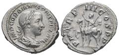 Roman Imperial Gordian III, AD 238-244. AR, Denarius. 3.31 g. 21.67 mm. Rome. Obv: IMP GORDIANVS PIVS FEL AVG. Bust of Gordian III, laureate, draped, cuirassed, right. Rev: P M TR P III COS P P. Gordi