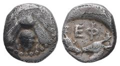 Greek Ionia, Ephesos. AR Diobol, 1.06 g. - 10.06 mm. Circa 390-325 BC. Obv.: E - Φ. Bee. Rev.: EΦ. Confronted heads of stags. Ref.: SNG Kayhan I 208ff (Diobol); SNG von Aulock 1835 (Diobol). Fine / VF