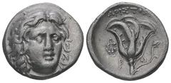 Greek Caria, Rhodos. AR Didrachm, 6.40 g. - 21.24 mm. Circa 275-250 BC. Aristobios, magistrate. Obv.: Head of Helios facing slightly to right. Rev.: APIΣTOBI[OΣ] / P-O. Rose with bud to right; above, 