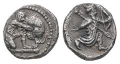 Greek Cilicia, Mallos. Time of Artaxerxes II to Darios III. AR Obol, 0.69 g 9.77 mm. 404-330 BC. Obv: Herakles, nude, kneeling right on club, strangling the Nemean lion. Rev: The Persian Great King in