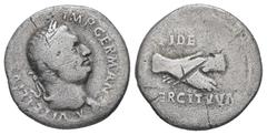 Roman Imperial Vitellius, AD 69. AR, Denarius. 2.94 g. 17.89 mm. Lugdunum. Obv: A VITELLIVS IMP GERMAN. Head of Vitellius, laureate, right; globe at point of neck. Rev: FIDES EXERCITVVM. Clasped right