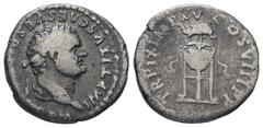 Roman Imperial Titus, AD 79-81. AR, Denarius. 2.77 g. 18.06 mm. Rome. Obv: IMP TITVS CAES VESP[ASIAN AVG P M]. Head of Titus, laureate, right. Rev: TR P IX IMP XV COS VIII P P. Tripod with fillets; do