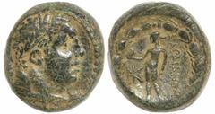 Greek Greek LYDIA. Sardes. (Circa 133 BC-14 AD) AE Bronze (15.3mm 7.09g) Obv: Laureate head of youthful Herakles right, lion skin tied around neck Rev: ΣAΡΔIANΩN - Apollo standing left, holding crow a