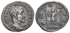 Roman Imperial Roman Imperial Maximinus Thrax (235-238 AD). Rome. AR Denarius (18.7mm 3.19g) Obv: IMP MAXIMINVS PIVS AVG. Laureate, draped and cuirassed bust right. Rev: P M TR P P P. Maximinus standi