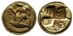 Greek Greek MYSIA. Kyzikos. (Circa 334 BC). EL Myshemihekte (6.3mm 0.66g) Obv: Eleutheria seated left on rock inscribed EΛEY ΘEPIA in two lines, holding wreath in right hand; tunny left below Rev: Qua