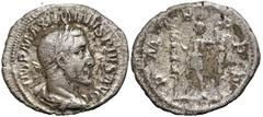 Roman Imperial Roman Imperial Maximinus Thrax (235-238 AD). Rome. AR Denarius (20.5mm 3.17g) Obv: IMP MAXIMINVS PIVS AVG. Laureate, draped and cuirassed bust right. Rev: P M TR P P P. Maximinus standi