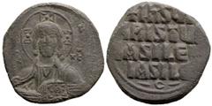 Byzantine Byzantine Anonymous Follis. Time of Basil II with Constantine VIII (976-1025.AD). Constantinople AE Follis (28mm 9.3g) Obv: Facing bust of Christ Pantokrator; IC-XC across field Rev: +IhS h/
