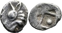 Greek Greek ASIA MINOR, Lycia (?). Uncertain mint. (Late 6th - early 5th century BC). AR Hemiobol (7mm 0.27g) Obv: Calf of bull's head to left. Rev: Incuse square with a central pellet enclosed in a l