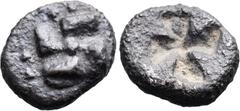 Greek Greek IONIA. Uncertain. (Circa 625-600 BC) AR Obol (8mm 0.59g). Obv: Swastika; above, four pellets; (or more that are off flan?) Rev: Quadripartite incuse square. Naumann E-Auction 98 (diobol), 