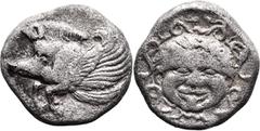 Greek IONIA. Klazomenai. (Circa 480-400 BC) AR Hemidrachm (12mm 1.85g) Obv: Forepart of winged boar left. Rev. Gorgoneion facing. Cf. SNG Copenhagen 12 (diobol, boar right). Cf. SNG von Aulock 1986 (d