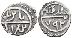world Islamic OTTOMAN EMPIRE. Bayazid I (791-804 AH / 1389-1402 AD). Uncertain mint. Dated AH 792 (AD 1389). AR Akçe (13.7mm 1.2g)