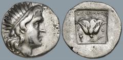 Greek ISLANDS off CARIA, Rhodos. Rhodes. (Circa 188-170 BC). 'Plinthophoric' coinage. Philocrates, magistrate. AR Drachm (15.8mm 2.92g) Obv: Radiate head of Helios right Rev: ΦIΛΟKPATHΣ / P - O. Rose 