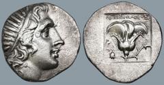 Greek ISLANDS off CARIA, Rhodos. Rhodes. (Circa 170-150 BC). 'Plinthophoric' coinage. Agesidamos, magistrate. AR Drachm (16.4mm 2.98g) Obv: Radiate head of Helios right Rev: AΓHΣIΔAMOΣ / P - O. Rose w