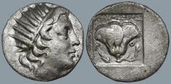 Greek ISLANDS off CARIA, Rhodos. Rhodes. (Circa 88-84 BC). 'Plinthophoric' coinage. Nicephorus, magistrate. AR Drachm (15.8mm 2.92g) Obv: Radiate head of Helios right Rev: NIKHΦOPOΣ / P - O. Rose with