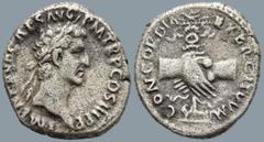Roman Imperial Nerva (96-98 AD). Rome AR Denarius (17.2mm 3.46g) Obv: IMP NERVA CAES AVG P M TR P COS III P P. Laureate head of Nerva right Rev: CONCORDIA EXERCITVVM. Clasped hands holding aquila, res