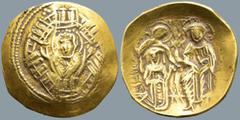 Byzantine Michael VIII Palaeologus (1261-1282 AD). Constantinople AV Hyperpyron (25.6mm 4.07g) Obv: Half-length figure of the Theotokos, orans, within city walls with five towers; triple pellets flank