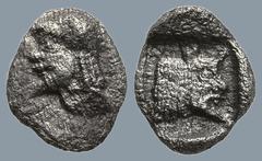 Greek DYNASTS OF LYCIA. Uncertain Dynast (Circa 6th-5th century BC). AR Tetartemorion (5.6mm 0.15g) Obv: Bearded head left. Rev: Head of man-headed bull right within incuse square. SNG Copenhagen -; B