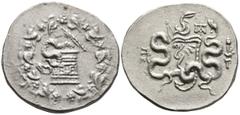 Greek MYSIA. Pergamon. (Circa 166-67 BC) AR Cistophoric Tetradrachm (26.3mm 11.34g) Obv: Cista mystica with serpent within ivy wreath Rev: Two serpents entwined around bow and bowcase; ΠEΡΓ monogram t