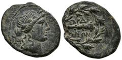 Greek LYDIA. Sardes. (Circa 2nd-1st centuries BC) AE Bronze (17mm 2.02g) Obv: Laureate head of Apollo right; monogram behind head Rev: ΣAPΔIA / NΩN. Club right within wreath GRPC Lydia 53 (monogram); 