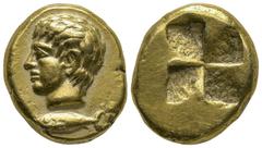 Greek MYSIA, Kyzikos. (Circa 450-330 BC) EL Hekte – Sixth Stater (10.8mm 2.64g) Obv: Head of young male left; below, tunny left Rev: Quadripartite incuse square. Von Fritze I 143; cf. Boston MFA 1514 
