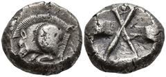 Greek DYNASTS OF LYCIA. Uncertain dynast (circa 500-480 BC) AR Stater (16.8mm 9.12g) Obv: Forepart of a boar to left, ending in a pelleted vertical line. Rev. Incuse square, with indentations on three