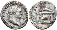 Roman Imperial Titus (79-81 AD). Rome AR Denarius (17.5mm 3.2g) Obv: IMP TITVS CAES VESPASIAN AVG P M. Head of Titus, laureate, right. Rev: Pulvinar (throne) of Jupiter and Juno: square seat, draped, 